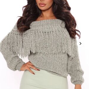 Hyfve sage green fringe off the shoulder sweater